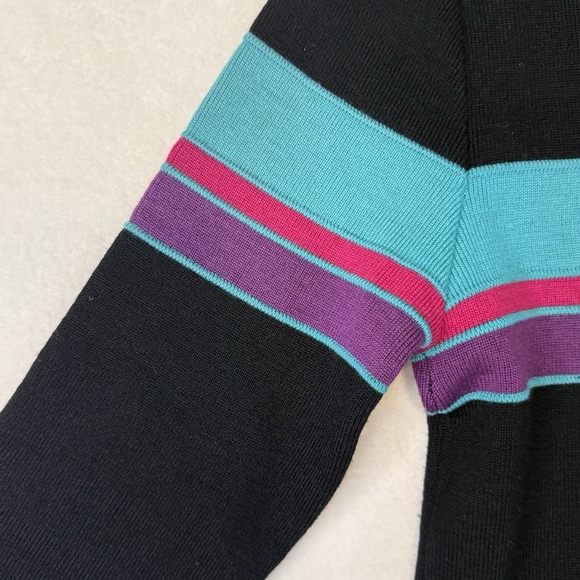 Vintage Quarter Zip Sweate Women's L Black Teal Purple Retro 80s - Picture 4 of 7